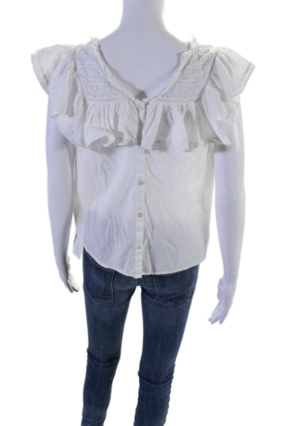 Unsubscribed Womens Button Fornt Lace Ruffled Cap Sleeve Top White Cotton Size 2