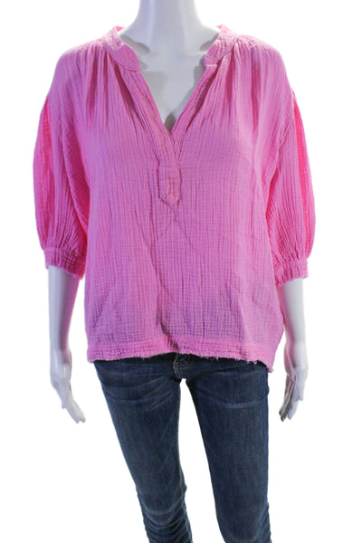 9seed Womens 3/4 Sleeve V Neck Oversized Gauze Shirt Pink Cotton Size Small