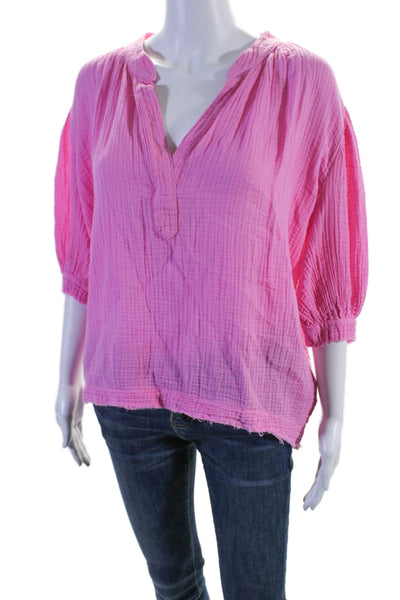 9seed Womens 3/4 Sleeve V Neck Oversized Gauze Shirt Pink Cotton Size Small