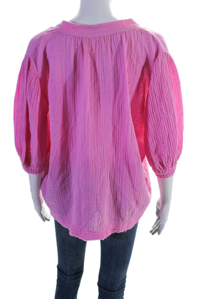 9seed Womens 3/4 Sleeve V Neck Oversized Gauze Shirt Pink Cotton Size Small