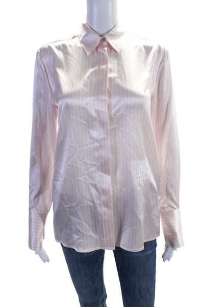 DMN Paris Womens Button Front Collared Striped Silk Shirt Pink White Size FR 34