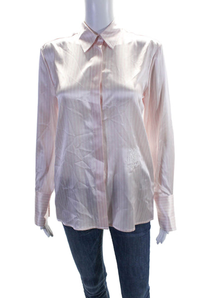 DMN Paris Womens Button Front Collared Striped Silk Shirt Pink White Size FR 34