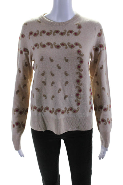 Happy Sheep Womens Long Sleeve Crew Neck Paisley Sweater Beige Wool Size XS