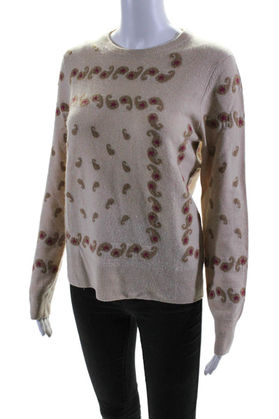 Happy Sheep Womens Long Sleeve Crew Neck Paisley Sweater Beige Wool Size XS