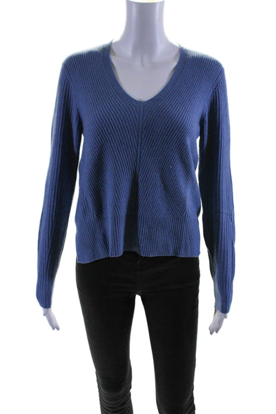 N Peal Womens Long Sleeve V Neck Ribbed Knit Cashmere Sweater Blue Size Small