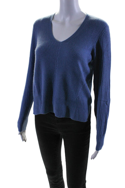 N Peal Womens Long Sleeve V Neck Ribbed Knit Cashmere Sweater Blue Size Small