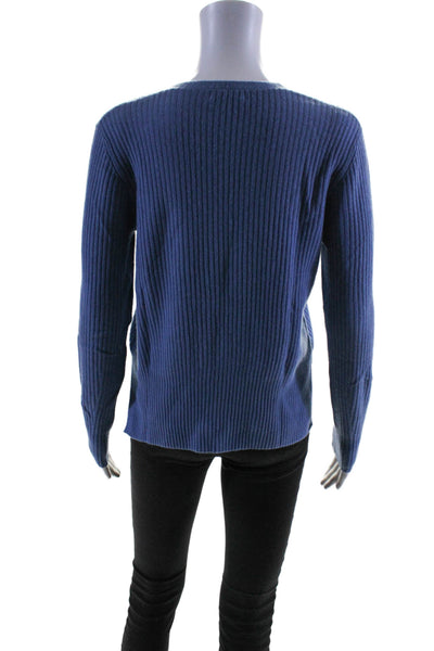 N Peal Womens Long Sleeve V Neck Ribbed Knit Cashmere Sweater Blue Size Small