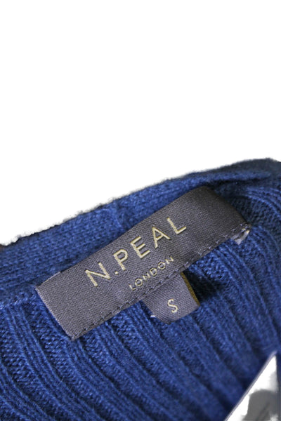 N Peal Womens Long Sleeve V Neck Ribbed Knit Cashmere Sweater Blue Size Small