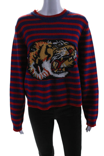 Gucci Womens Long Sleeve Striped Roaring Tiger Sweater Red Blue Wool Size Large