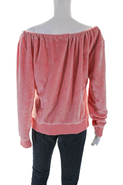 Escada Sport Womens Velour Jeweled Full Zipper Sweater Pink Cotton Size Large