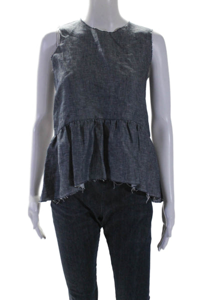 Shosh Womens Sleeveless Crew Neck Fringe Ruffled Linen Top Blue Size 0