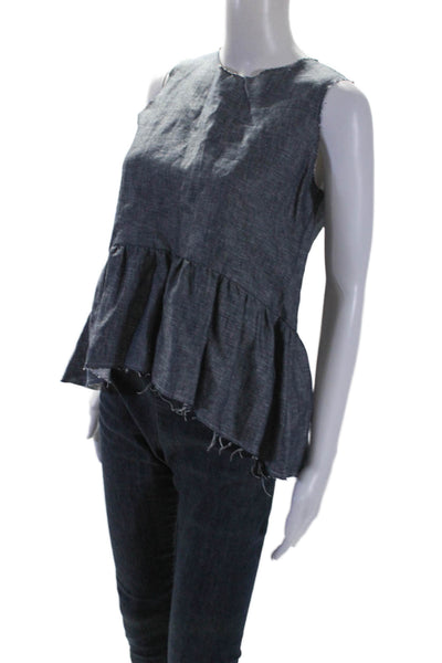 Shosh Womens Sleeveless Crew Neck Fringe Ruffled Linen Top Blue Size 0