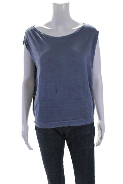 Sunday Tropez Womens Sleeveless Oversized Scoop Neck Linen Shirt Blue Size Small