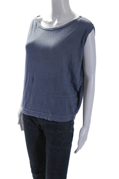 Sunday Tropez Womens Sleeveless Oversized Scoop Neck Linen Shirt Blue Size Small