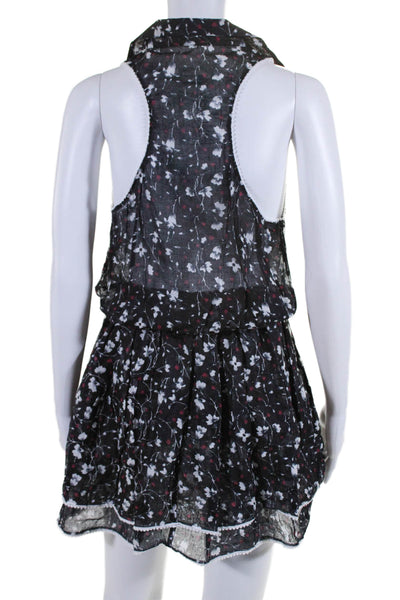 Poupette St Barth Womens Sleeveless Collared Floral Belted Dress Black Red Small