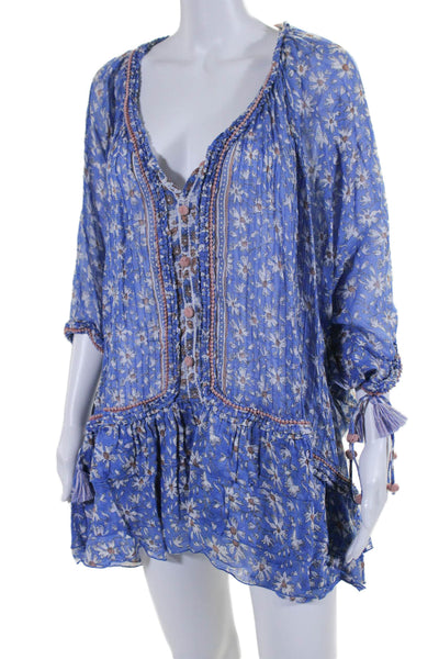 Poupette St. Barth Womens 3/4 Sleeve Lotus Poncho Dress Blue White One Size