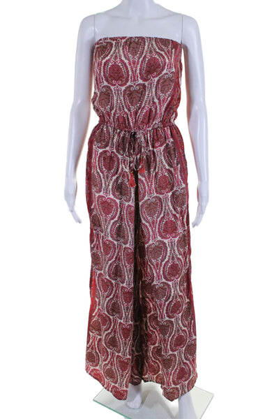 Elan Womens Red Paisley Print Strapless Tie Waist Slit Wide Leg Jumpsuit Size S