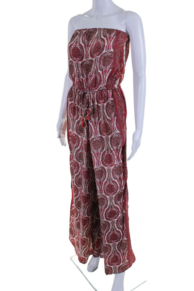 Elan Womens Red Paisley Print Strapless Tie Waist Slit Wide Leg Jumpsuit Size S