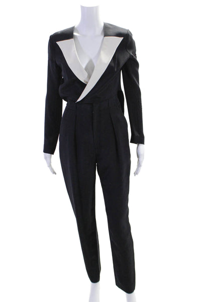 Roland Mouret Womens Silk V Neck Skinny Leg Jumpsuit Black White Size 2