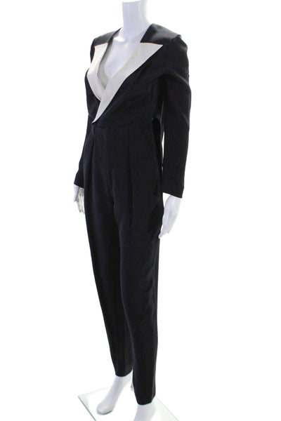 Roland Mouret Womens Silk V Neck Skinny Leg Jumpsuit Black White Size 2