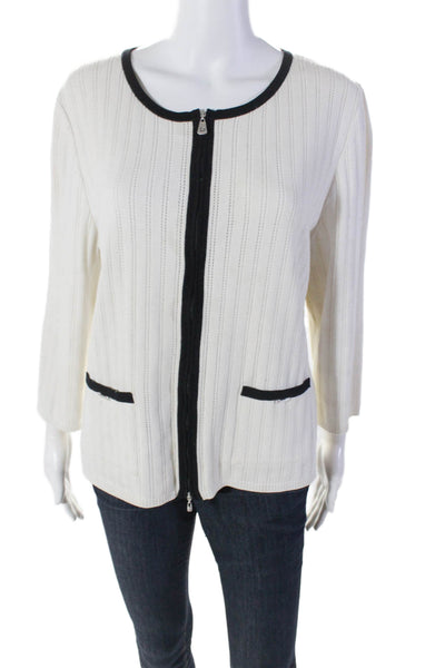 St. John Sport Womens Double Zip Pointelle Knit Sweater White Size L