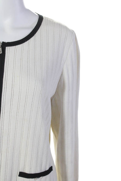 St. John Sport Womens Double Zip Pointelle Knit Sweater White Size L