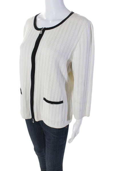 St. John Sport Womens Double Zip Pointelle Knit Sweater White Size L