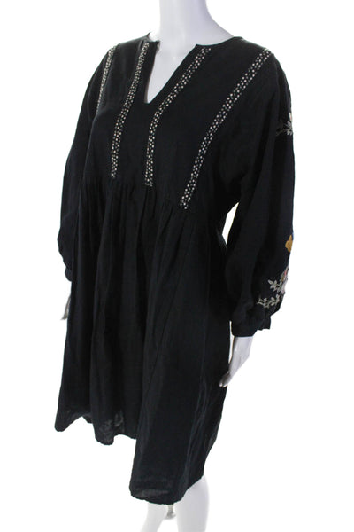 Velvet Womens Cotton Floral Embroidered V-Neck Long Sleeve Dress Black Size M