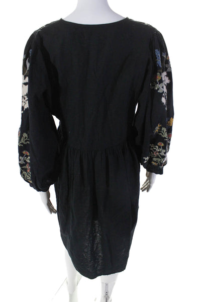 Velvet Womens Cotton Floral Embroidered V-Neck Long Sleeve Dress Black Size M