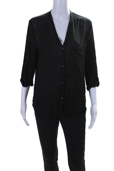 Helmut Lang Women's V-Neck Long Sleeves Button Down Shirt Black Size M