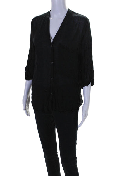 Helmut Lang Women's V-Neck Long Sleeves Button Down Shirt Black Size M