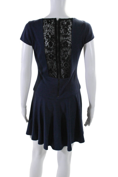 Alice + Olivia Womens Wool Lace Trim Square Neck Short Sleeve Dress Navy Size 8