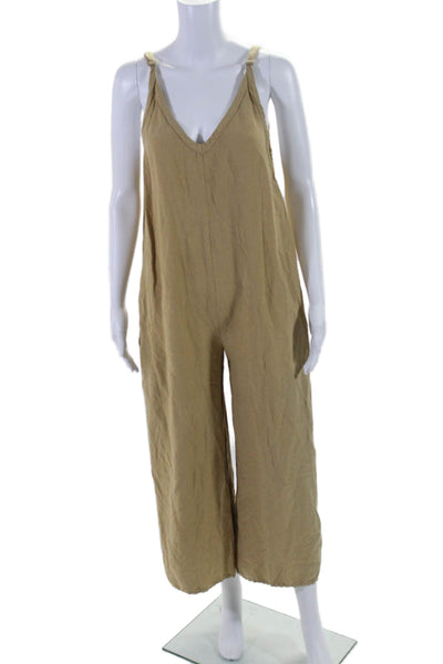 Elan Womens Adjustable 2 Pocket V-Neck Sleeveless Wide Leg Jumpsuit Beige Size S