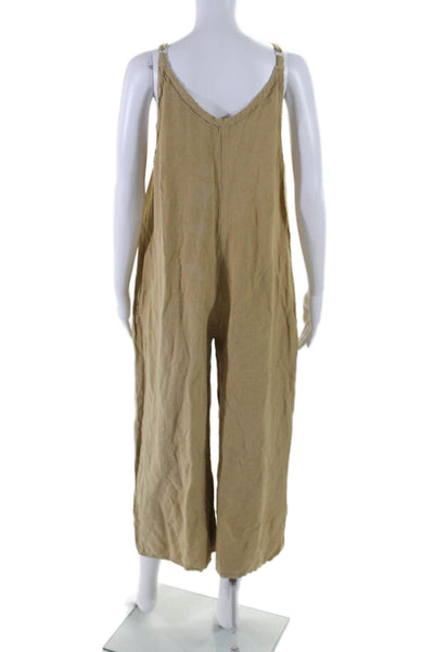 Elan Womens Adjustable 2 Pocket V-Neck Sleeveless Wide Leg Jumpsuit Beige Size S