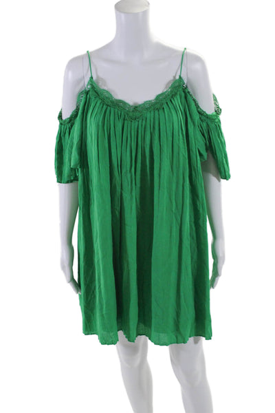 Alice + Olivia Womens Pleated Lace Trim Off The Shoulder Mini Dress Green Size M