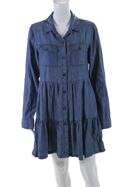 Elan Womens Collared Two Pocket Long Sleeve Button Up Shirt Dress Blue Size S