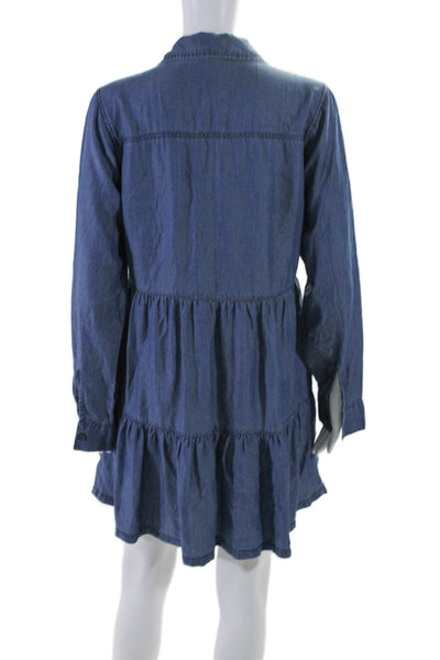 Elan Womens Collared Two Pocket Long Sleeve Button Up Shirt Dress Blue Size S