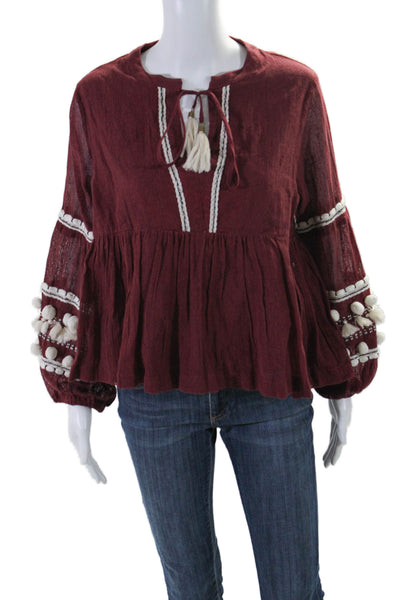 Vineet Bahl Womens Cotton Blend V-Neck Long Sleeve Blouse Top Burgundy Size MP