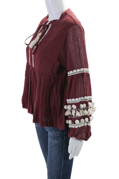 Vineet Bahl Womens Cotton Blend V-Neck Long Sleeve Blouse Top Burgundy Size MP