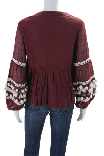 Vineet Bahl Womens Cotton Blend V-Neck Long Sleeve Blouse Top Burgundy Size MP