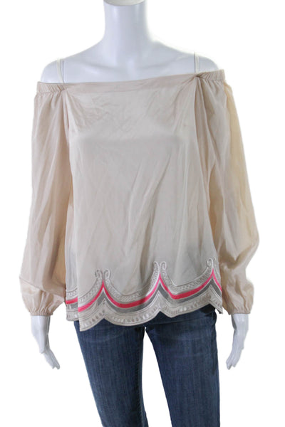 Lily Pulitzer Womens Silk Embroidered Off The Shoulder Blouse Top Beige Size S