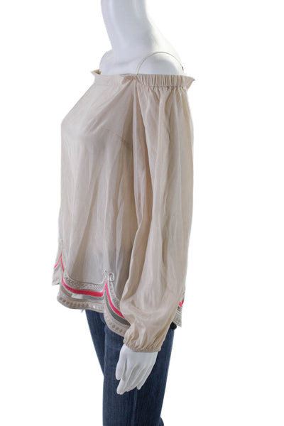Lily Pulitzer Womens Silk Embroidered Off The Shoulder Blouse Top Beige Size S