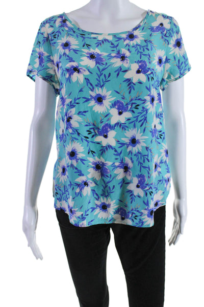 Yumi Kim Womens Silk Floral Print Short Sleeves Blouse Blue White Size Small