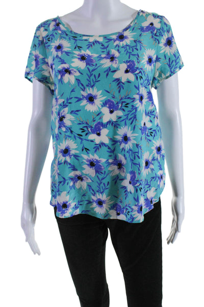 Yumi Kim Womens Silk Floral Print Short Sleeves Blouse Blue White Size Small