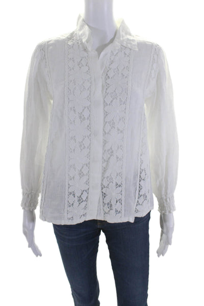 Temptation Positano Womens Linen White Eyelet Floral Long Sleeve Shirt Size XS