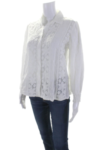 Temptation Positano Womens Linen White Eyelet Floral Long Sleeve Shirt Size XS