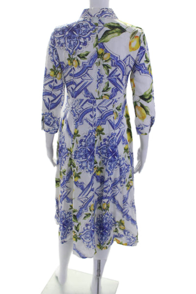 Marina St. Barth Womens Blue Lemon Print Collar Long Sleeve Shirt Dress Size XS