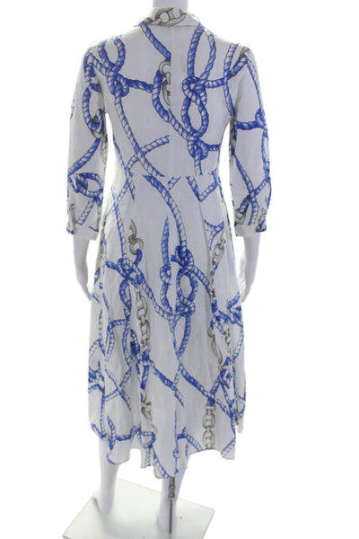 Marina St. Barth Womens Linen White Blue Graphic Long Sleeve Shirt Dress Size XS