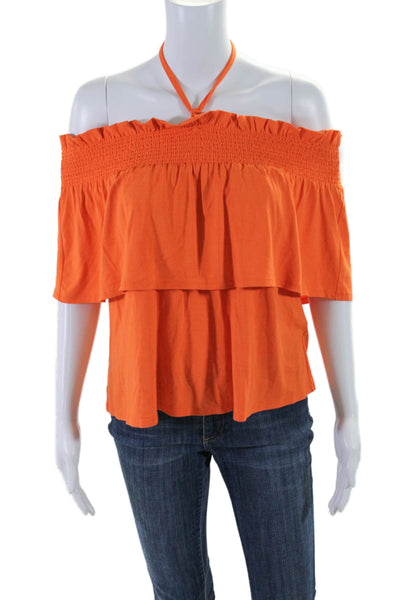 Rebecca Minkoff Womens Textured Sleeveless Square Neck Halter Top Orange Size M