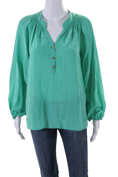 Lily Pulitzer Womens Silk V-neck Long Sleeve Buttons Blouse Green Size M